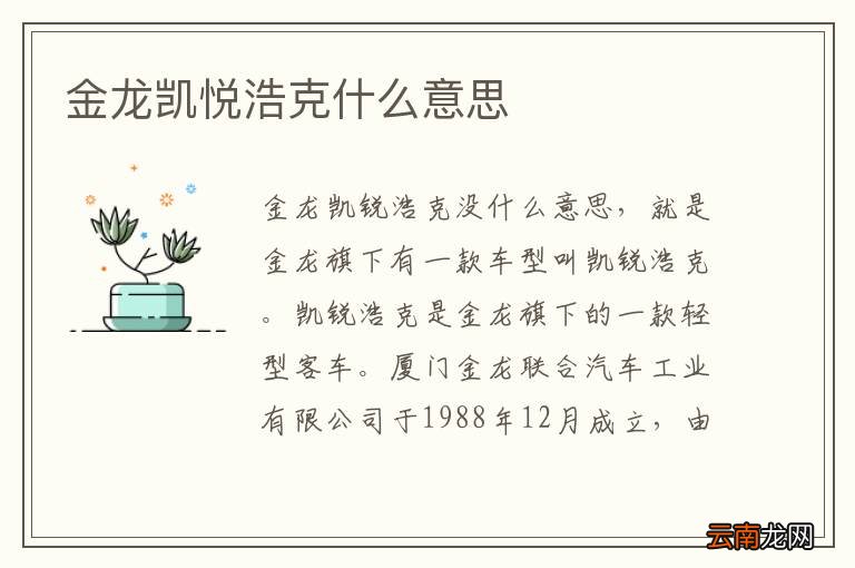 金龙凯悦浩克什么意思