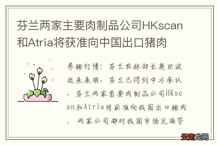 芬兰两家主要肉制品公司HKscan和Atria将获准向中国出口猪肉