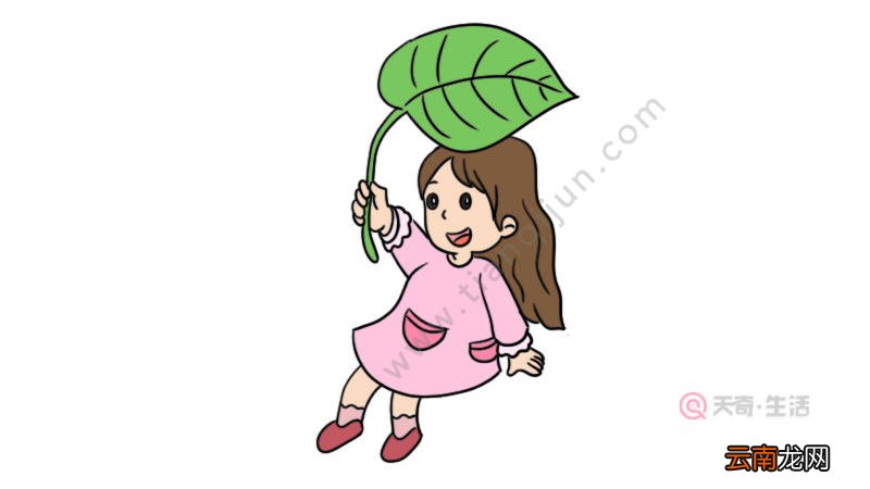 谷雨女孩叶子挡雨简笔画